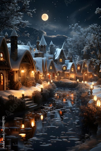 Winter night scene with a small village in the middle of a snowy forest