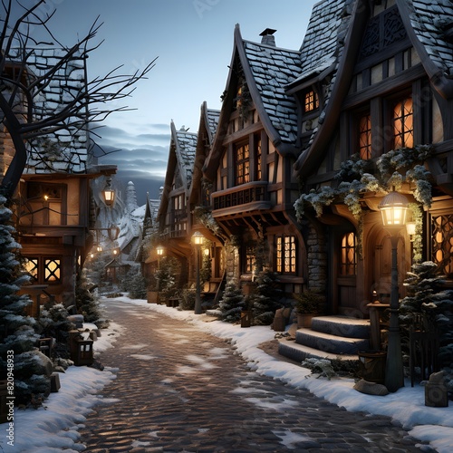 Christmas in the village. Wooden houses in the village. Beautiful winter landscape © Iman