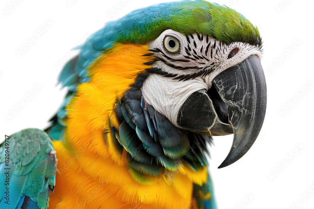 A parrot with a playful expression, beak open, isolated on a white background