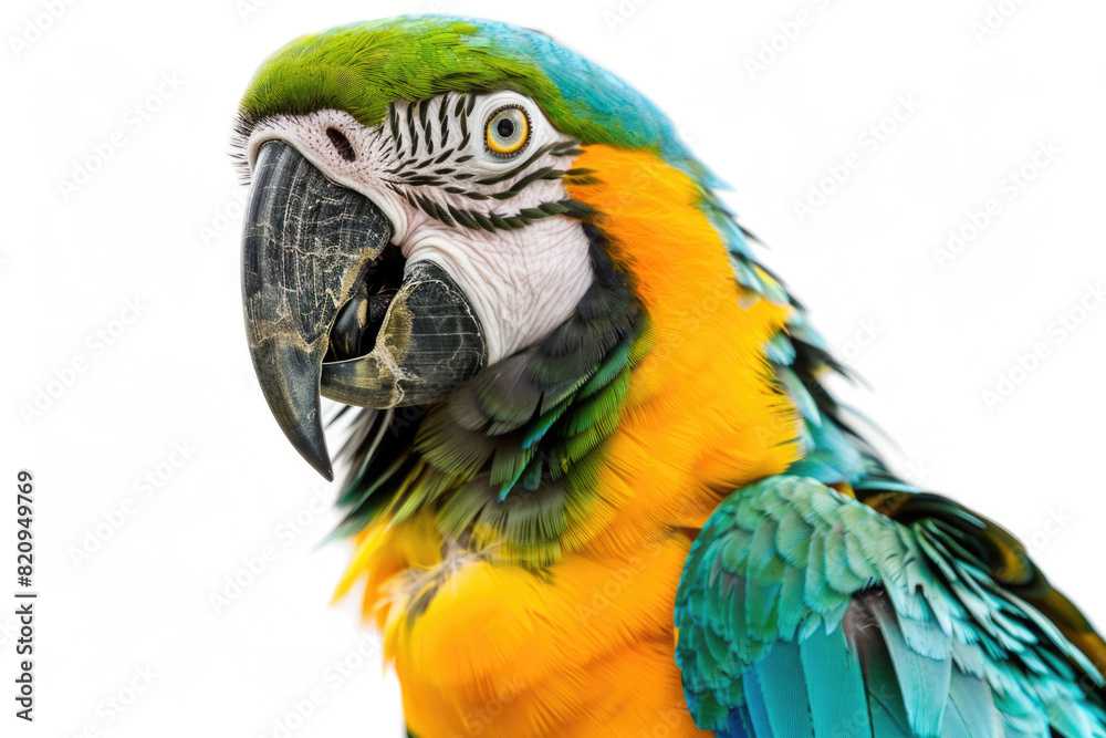 A parrot with a playful expression, beak open, isolated on a white background