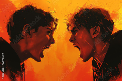 A flat illustration of two young men in an argument, yelling at each other with the characters facing off against one another. Their expressions convey anger or sternness photo
