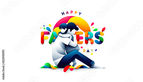 Vibrant image of a father hugging his child  surrounded by colorful  Happy Father s Day  text on the white background with copy space. Concept love and togetherness  Family holidays and celebration.