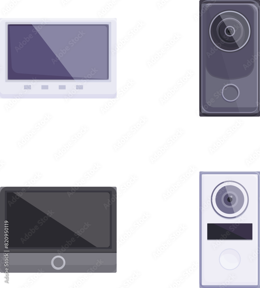 Intercom icons set cartoon vector. Video audio door phone entry system. Entrance security device Intercom icons set cartoon vector. Video audio door phone entry system. Entrance security device
