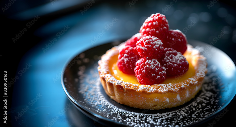 Creative food template. Juicy Berry raspberry on lemon cream curd fruit tart tartlet pastry dessert on dark background, with dusting powdered sugar scattered. copy text space
Creative food template. Juicy Berry raspberry on lemon cream curd fruit tart tartlet pastry dessert on dark background, with dusting powdered sugar scattered. copy text space