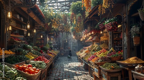 A bustling market stall overflowing with fresh produce, its canopy adorned with dangling herbs and spices. photo