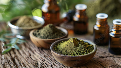 Dry henna powder in bowls and bottles of essential oil