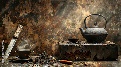 Dry puer tea with knife cup and teapot on grunge background photo