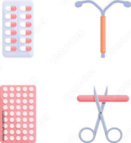 Female contraceptive icons set cartoon vector. Different type of contraception. Birth control