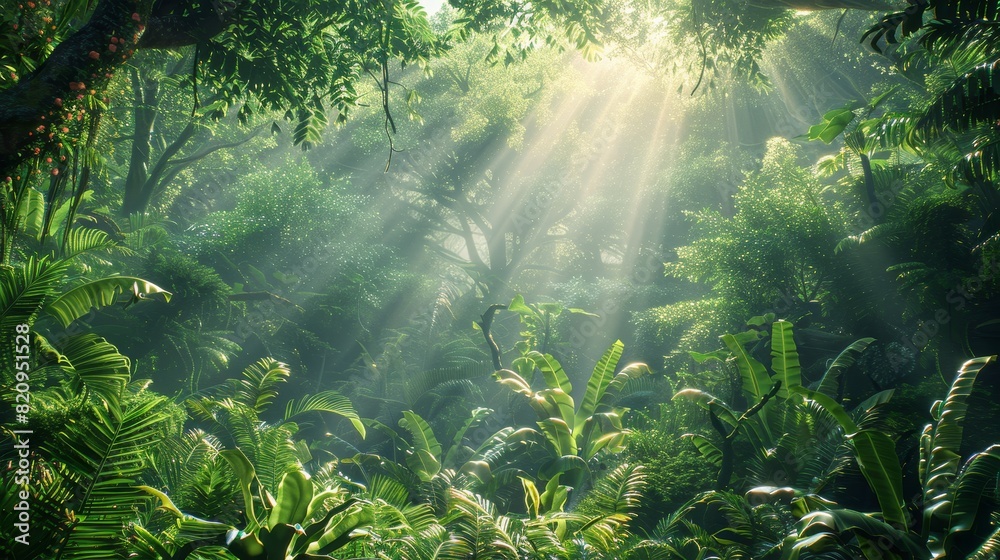 Craft a mesmerizing long shot of a lush forest canopy with sunlight filtering through dense foliage Craft a mesmerizing long shot of a lush forest canopy with sunlight filtering through dense foliage