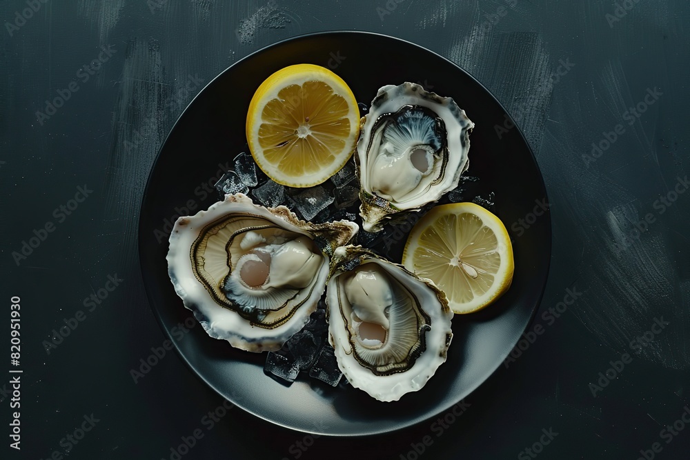 Oysters. Fresh half dozen oysters close-up on black stone plate served with lemon and ice. Seafood. Top view, flat lay, copy space for text. Gourmet food in a restaurant. Seafood banner. Healthy meal Oysters. Fresh half dozen oysters close-up on black stone plate served with lemon and ice. Seafood. Top view, flat lay, copy space for text. Gourmet food in a restaurant. Seafood banner. Healthy meal