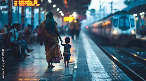 An Indian woman holding her child's hand while waiting for a train