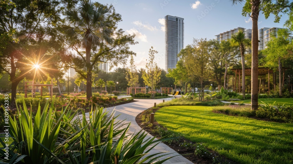 A city park comes to life with the first rays of the sunrise, showcasing lush greenery and modern architecture in the background