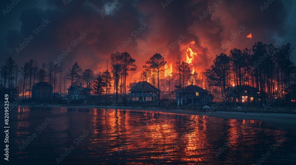 A devastating wildfire is seen at night, fiercely burning through a forest close to houses by a lake