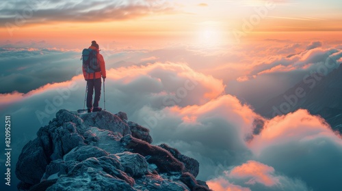 A lone adventurer stands atop a mountain peak, with the clouds and setting sun in the background © Oskar