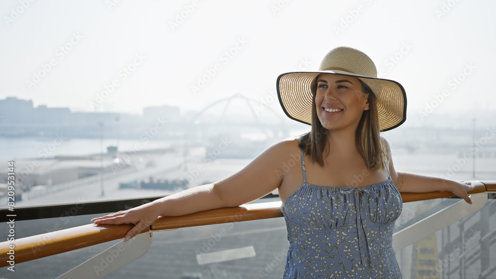 A smiling young woman in a summer dress and hat leaning on the rail of a cruise ship deck with an ocean backdrop.