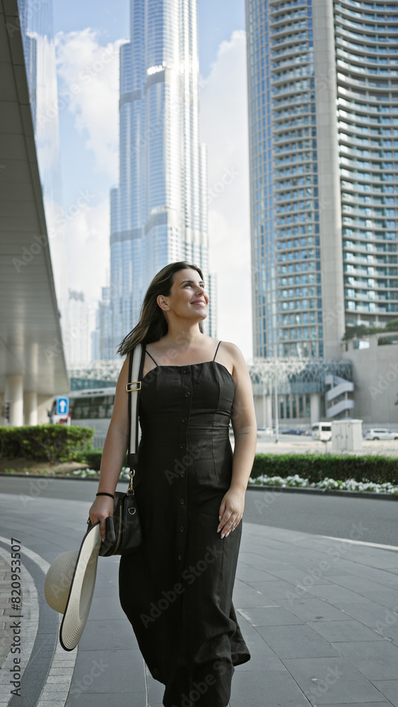 © Krakenimages.com - A smiling woman in casual attire holding a hat stands in front of the burj khalifa in dubai