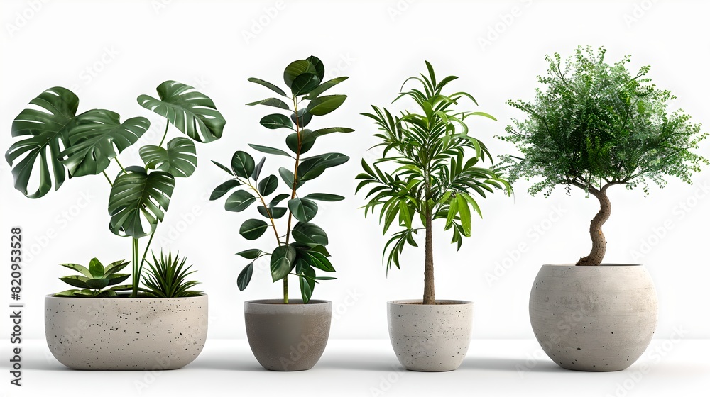 Obraz premium Various potted plants on a white background. Simple and modern. Ideal for home decor or office interior design ideas. AI