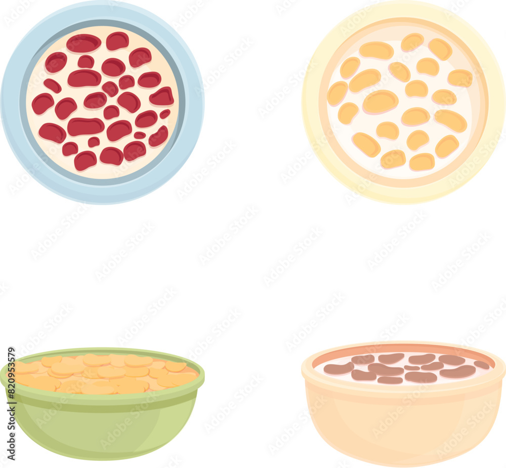 Breakfast cereal icons set cartoon vector. Bowl breakfast cereal and cornflake. Food concept Breakfast cereal icons set cartoon vector. Bowl breakfast cereal and cornflake. Food concept