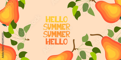 Hello Summer Fresh Pears with leaves on pink background. Summer time fun concept design. Flat vector illustration.