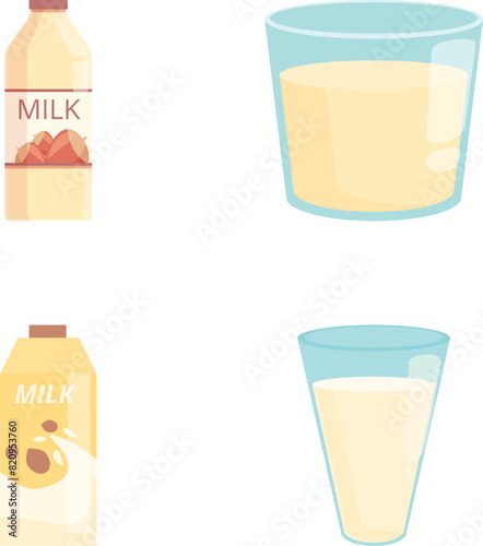 Plant milk icons set cartoon vector. Vegan milk in carton box, bottle and glass. Lactose free drink