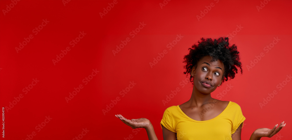A woman with curly hair. Concept of curiosity and confusion. body language and facial gesture for risk decision, shrug and reaction, Uncertainty, unsure and frustrated model, doubt and confusion A woman with curly hair. Concept of curiosity and confusion. body language and facial gesture for risk decision, shrug and reaction, Uncertainty, unsure and frustrated model, doubt and confusion