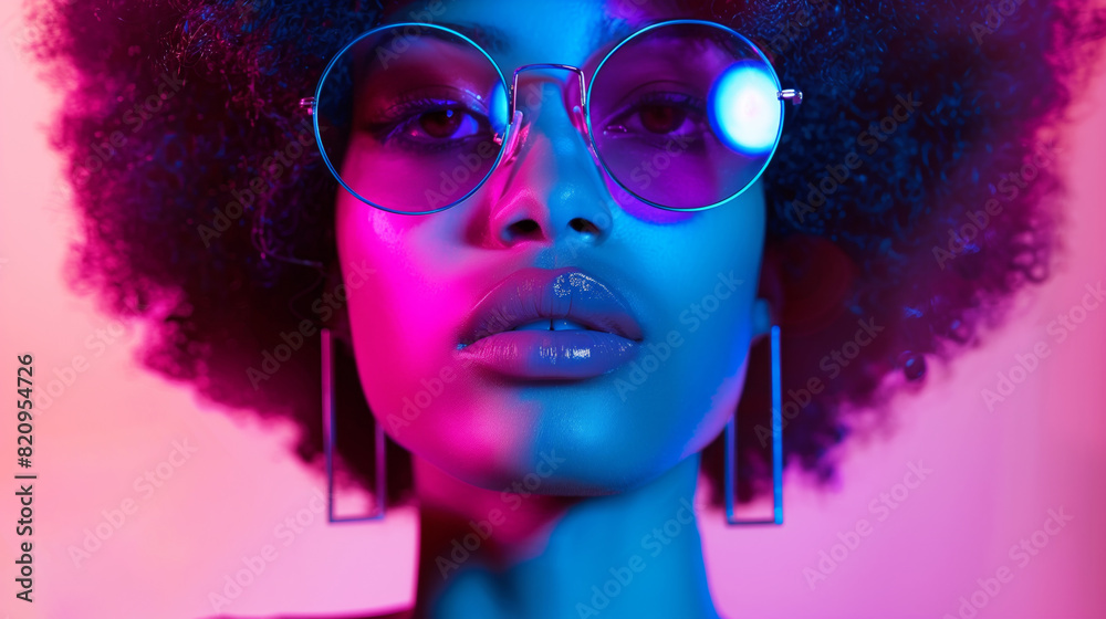 A woman with a purple afro and sunglasses. The sunglasses are silver and the woman has a bold look. Portrait closeup of a black woman with an afro wearing cool sunglasses in pink and purple lighting A woman with a purple afro and sunglasses. The sunglasses are silver and the woman has a bold look. Portrait closeup of a black woman with an afro wearing cool sunglasses in pink and purple lighting