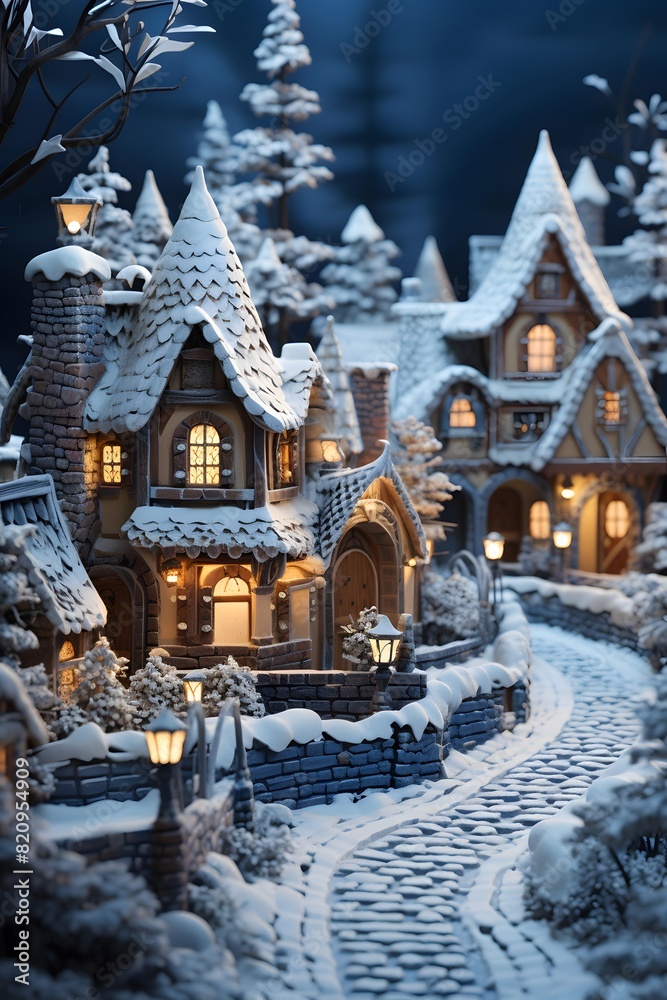 Winter fairy tale village in the snow, Christmas and New Year concept