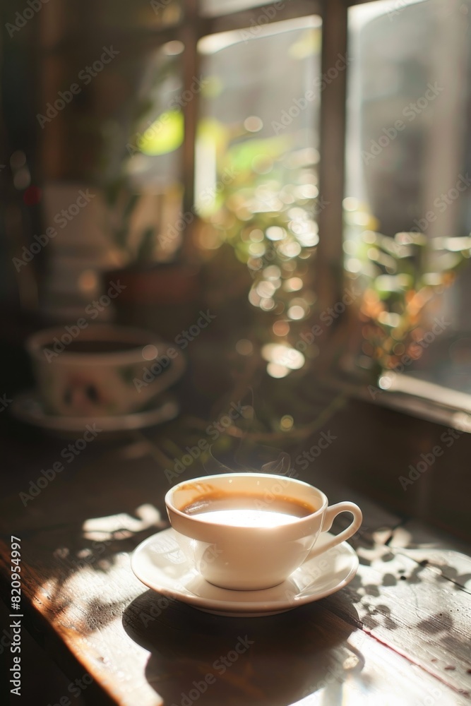 Serene Morning Coffee by Sunny Window in Cozy Setting Serene Morning Coffee by Sunny Window in Cozy Setting