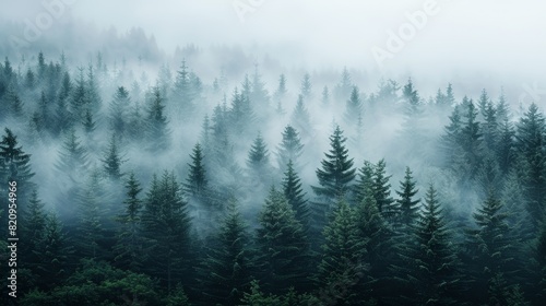 Enchanting Foggy Forest with Majestic Pine Trees - Tranquil Nature Background