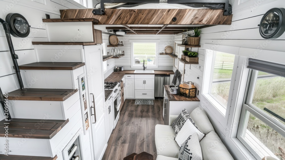 a minimalist tiny house kitchen crafted from oak wood, featuring open storage cabinets and seamlessly blending with the living room space. a minimalist tiny house kitchen crafted from oak wood, featuring open storage cabinets and seamlessly blending with the living room space.
