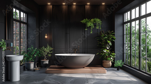 Master bedroom  dark gray walls  freestanding bathtub.