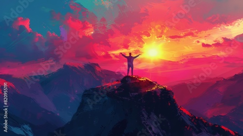 A vibrant digital art piece featuring a person with raised arms standing on a mountain peak at sunset