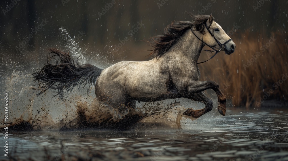 Horse with saddle galloping in chilly dawn over dewy meadow, creating a serene morning scene Horse with saddle galloping in chilly dawn over dewy meadow, creating a serene morning scene