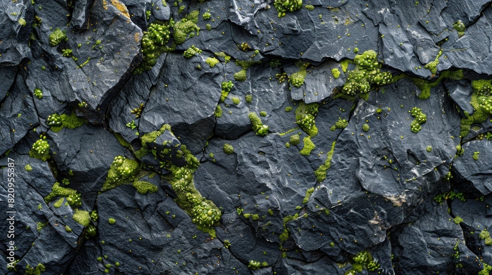 Macro details show vibrant green moss clusters thriving on a rugged dark rock surface, indicating resilience in nature