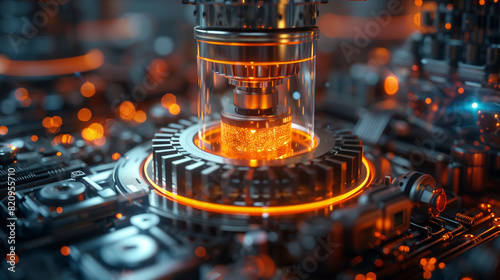 A close-up of a quantum computing core, within a complex and densely packed environment of circuits and technological components, highlighted with bright orange lights, the advanced technology