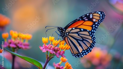 Close-up of a Monarch butterfly perched delicately on pink milkweed blossoms  vibrant and alive