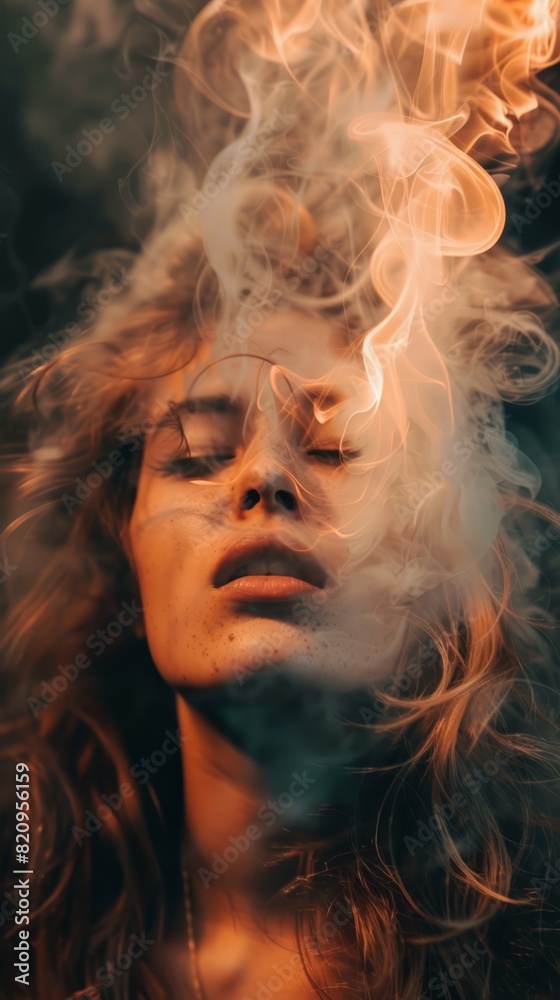 A woman with long hair and smoke coming out of her face A woman with long hair and smoke coming out of her face