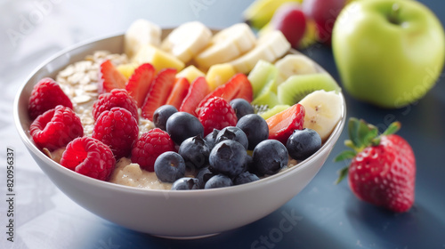 A bowl of oatmeal topped with fresh fruits