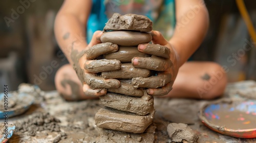 Child with muddy hands stacking wet clay stones, enjoying a creative and playful activity