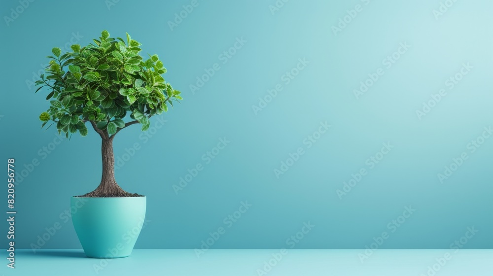 Tree growth on blue vas copy space on blue wall blank solid background Tree growth on blue vas copy space on blue wall blank solid background