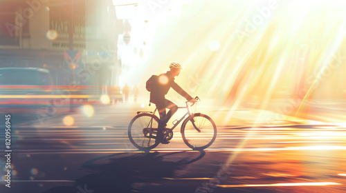 A person biking to work or school in the morning light