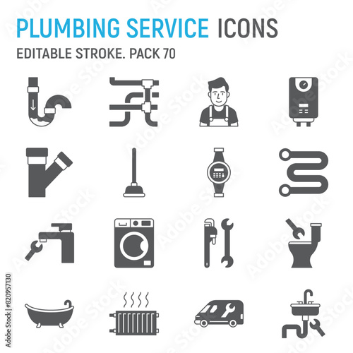 Plumbing service glyph icon set, repair collection, vector graphics, logo illustrations, household service vector icons, plumbing work signs, solid pictograms, editable stroke