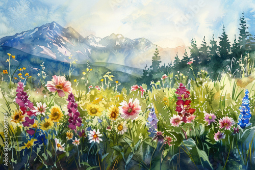 Wildflowers with a mountain backdrop