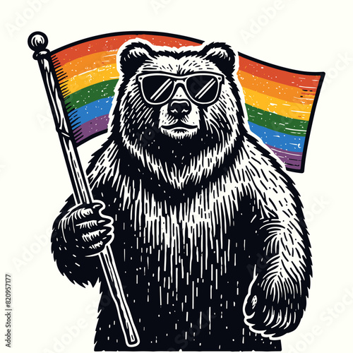 bear holding an LGBT flag, Pride Month illustration