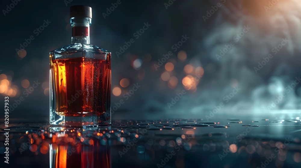 A premium liquor bottle placed on a reflective, dark surface, with moody, atmospheric lighting highlighting its sophisticated design and rich color A premium liquor bottle placed on a reflective, dark surface, with moody, atmospheric lighting highlighting its sophisticated design and rich color