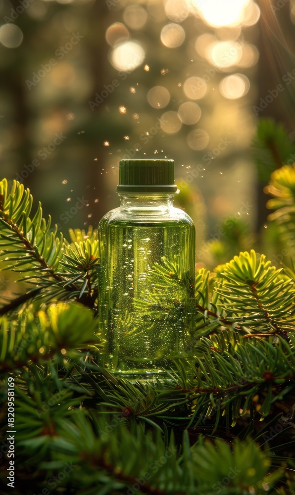 A transparent bottle of warm green cleansing oil in the middle with a blurred forest in the background, A transparent bottle of warm green cleansing oil in the middle with a blurred forest in the background,