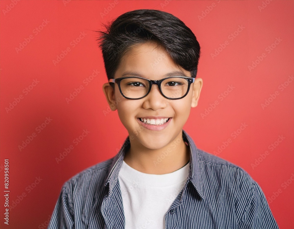 A 15th year's boy looking at camera with excited face expression in front of the red background A 15th year's boy looking at camera with excited face expression in front of the red background