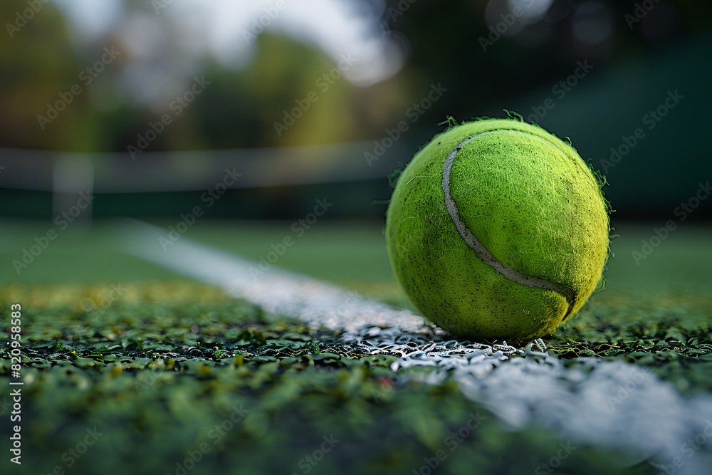 Tennis Ball on the Tennis Court Line,
Green tennis ball on black background
