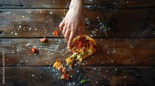 Female hand with pizza leftovers on wooden background photo