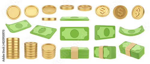 Pile or stack of coins and banknotes. Vector isolated set of money in different side view, front and top. Financial growth and capital, investment and deposit, business and economy business